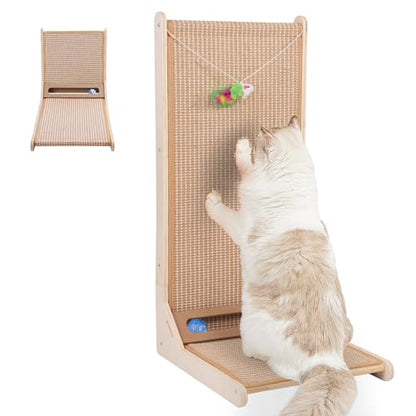 Sisal Cat Scratchers for Indoor Cats, 26.8'' L-Shape Cat Scratching Board, Solid Wooden Cats Scratch Pad with Mouse Toy, Large Cats Scratching Posts to Protect Furniture(Vertical Scratcher) - size: Vertical