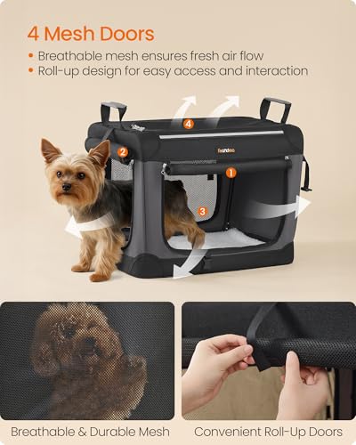 Feandrea Collapsible Dog Crate, 20-Inch Portable Dog Travel Crate for Small Dogs, Oxford Fabric Pet Carrier with 4 Mesh Doors, Handles, Storage Pocket, Water Bottle Holder, Ink Black UPDC015BH02 - size: S（20"L x 14"W x 14"H）