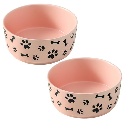 UBEE Ceramic Dog Bowl Set of 2, 6.5 inch Dog Food Bowl Dish with Bone Paw Pattern, Pet Food Water Dish Feeding for Small and Meidum Dogs and Large Cat, Pink - color: Pink-dog paw, size: 6.5 inch x 2