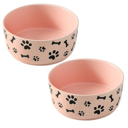 UBEE Ceramic Dog Bowl Set of 2, 6.5 inch Dog Food Bowl Dish with Bone Paw Pattern, Pet Food Water Dish Feeding for Small and Meidum Dogs and Large Cat, Pink - color: Pink-dog paw, size: 6.5 inch x 2