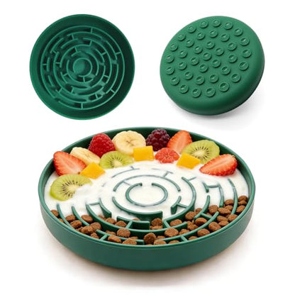 Silicone Slow Feeder Bowl, with Non-Slip Suction Cups, Anti-Choking, Puppy Puzzle Bowl, Slows Down Eating Speed, Relieves Anxiety, Suitable for S&M Sized Dogs and Cats(Green - color: Green