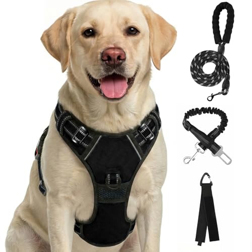 Plaid Dog Harness for Medium Dogs, Reflective No Pull Adjustable Pet Vest with Front Clip, Leash, Easy Control Handle and Seat Belt, Black, M - color: Black, size: Medium
