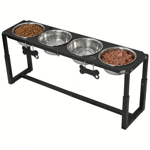 Metal Elevated Dog Bowls, Raised Dog Bowls for Medium/Large Sized Dogs with Four 58oz Stainless Steel Food Bowls, 3 Adjustable Height (8.8"/11.5"/14") Dog Bowl Stand Protect Neck & Joints - size: 8.8-14" | M/L Dogs | 4×58oz Bowls