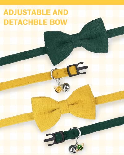Cat Collar Breakaway with Bells, Soft Cotton Green Cat Bowtie Collar for Girl Boy Cats, Small Cats Collar with Bow for Spring Summer,2 Pack Cute Kitten Collars with Removable Bowtie 8-12Inch - color: Mustard Yellow + Forest Green
