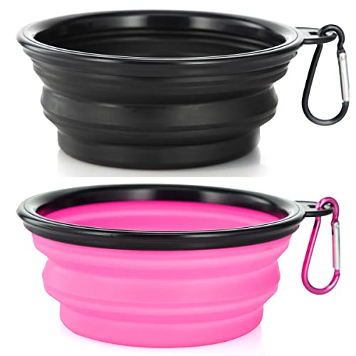 Dog Bowl Pet Collapsible Bowls, 2 Pack Collapsible Dog Water Bowls for Cats Dogs, Portable Pet Feeding Watering Dish for Walking Parking Traveling with 2 Carabiners (Small, Black & Pink) - color: Black & Pink, size: Small