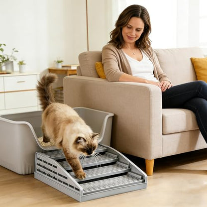 Litter Box Step Cat Ramp Litter Catcher for Cat Litter Boxes Height Adjustable Litter Mat for Small and Senior Cats Washable Water-Proof - Grey