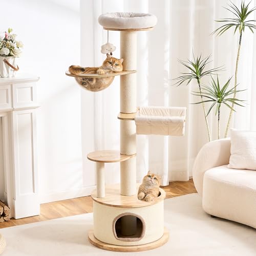 Modern Cat Tree Tower with Scratching Post for Indoor Cats Large Adult, 60 inch Tall Solid Wood Multifunctional Cat Tree Tower with Bed, Space Capsule, Sisal Wrapped Condo, Multiple Cats Use - color: White, size: 60.1 inch