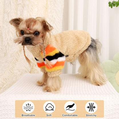 Dog Sweater for Small Winter Warm Fleece Turtleneck Sweatshirt Clothes Boy Girls Pet Pullover with Rainbow Sleeves Cat Apparel Stretchy Outfit(Khaki, XS) - color: Khaki, size: X-Small