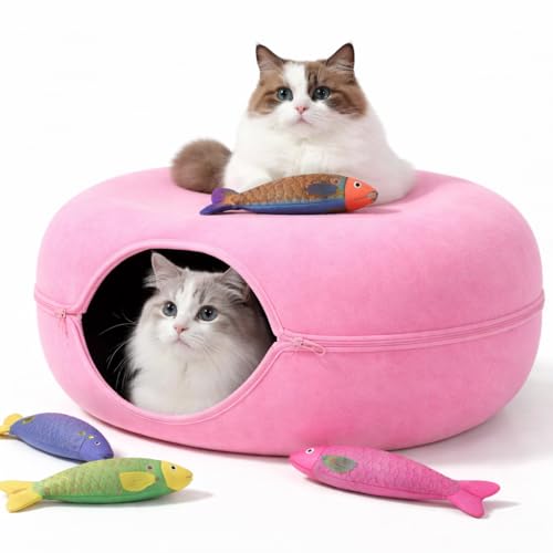 Cat Cave, Cat Tunnel Bed, Premium Cave Donut Tunnel Bed Set with Interactive Soft Cat Toys, Donut Design - Ideal Houses for Indoor by Luniko Shop (Pink) - color: Pink