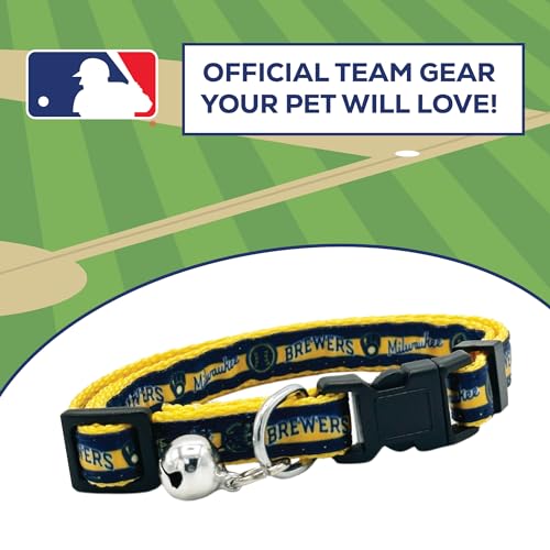 Pets First MLB Cat Collar Milwaukee Brewers Satin Cat Collar Baseball Team Collar for Dogs & Cats. A Shiny & Colorful Cat Collar with Ringing Bell Pendant - color: Milwaukee Brewers