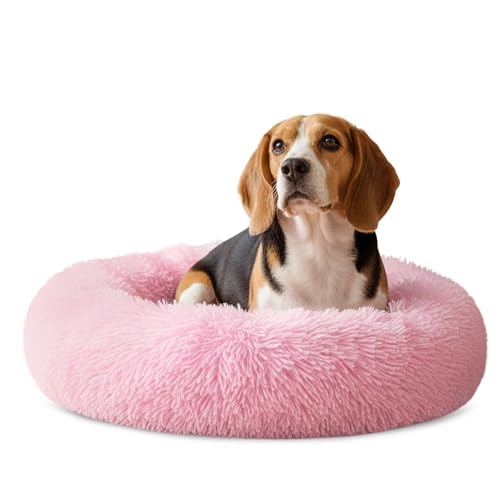PetAmi Calming Dog Bed for Small & Medium Dogs and Cats, 30 Round Donut Dog Bed, Washable Fluffy Faux Fur Puppy & Cat Bed, Anti-Anxiety Plush Cuddler Pet Bed with Anti-Slip Bottom - Pink - color: Pink, size: Medium - 30"