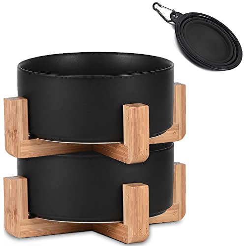 Petygooing Ceramic Black Cat Dog Bowl Set with Stand,Small Dog Bowls, Pet Food and Water Dish, Anti Slip Set of 2 Cat Bowl-Pet Food Dishes- Pet Bowls Small Size Pet (13.5OZ/5.1 in) - color: Black, size: Puppy/Small Size Dogs & Cat Bowls 400ML*2