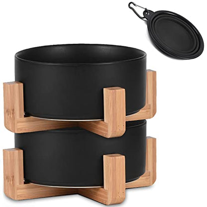 Petygooing Ceramic Black Cat Dog Bowl Set with Stand,Small Dog Bowls, Pet Food and Water Dish, Anti Slip Set of 2 Cat Bowl-Pet Food Dishes- Pet Bowls Small Size Pet (13.5OZ/5.1 in) - color: Black, size: Puppy/Small Size Dogs & Cat Bowls 400ML*2