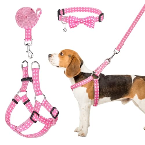 BINGPET Dog Harness Collar Leash Set,Adjustable No Pull Escape Proof Small Dog Harness,Classic Plaid Puppy Harness and Leash Set for Small Medium Large Dogs Training Easy Walk Running(Polka Dots,S) - color: Polka Dots, size: S(Chest Girth:14.9''-20.9'')