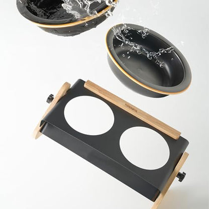 Pet Bowl Set with Ceramic Bowl and Iron-Wood Stand, Adjustable Height & Angle, Black