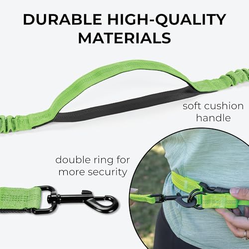Squirrel Products Hands Free Dog Leash with Hip Belt/Crossbody Strap, Zipper Pouch, and Shock Absorbing Bungee for Walking or Jogging with pet (Green, Black) - color: Green and Black