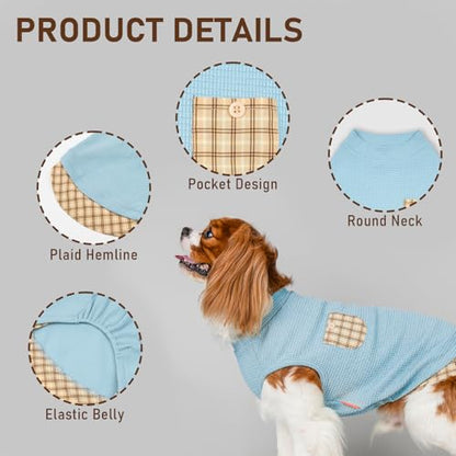 KYEESE Waffle Dog Shirt, Blue, L-Chest(18), Soft Stretchy, Lightweight, Breathable, Sleeveless, Plaid Patchwork, Small Breeds, Round Neck - color: 2#Blue, size: Large (12-18lbs)