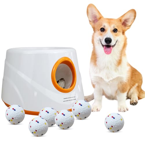Automatic Ball Launcher for Dogs with 6pcs 2.3 Inch Etpu Tennis Balls,Thrower Distance 20-45ft,interacive Dog Toys for Indoor/Outdoor for Small Or Medium Dogs (White) (Orange)