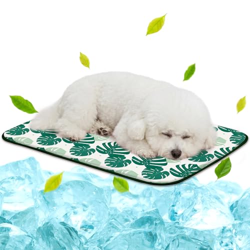 NWK Pack of 4 Pet Cooling Mat -Q-Max>0.345 Ice Silk Cooling Mat for Dogs & Cats Portable & Washable Pet Cooling Blanket, Car Seats, Beds for Summer (4pcs, Green Leaf, 27'' X 20'' X 0.3'') - color: Green Leaf, size: Medium (27'' X 20'' X 0.3'')