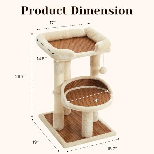 Fansafurn Multi-Level Cat Tree for Indoor Cats, Modern Cat Tower with Double Beds & Scratching Posts, 27in Cat Tree for Large Cats and Kitten, Small Cat Climbing Tower with Hanging Toys, Cream White - color: Beige