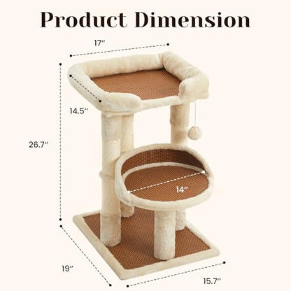 Fansafurn Multi-Level Cat Tree for Indoor Cats, Modern Cat Tower with Double Beds & Scratching Posts, 27in Cat Tree for Large Cats and Kitten, Small Cat Climbing Tower with Hanging Toys, Cream White - color: Beige
