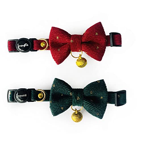 Safety Quick Release Cat Collars, Soft Kitten Collars with Detachable Bow Tie and Bell, Pack of 2, Adjustable 20-30 cm (20-30cm, Wine Red+Xmas Green) - color: Wine Red+Xmas Green