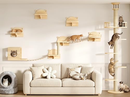 Floor to Ceiling Cat Tree, 22-in-1 Cat Wall Shelves with Multi-Level Cat Tower, Wood Cat Climbing Wall Systems for Indoor Cats, with Condo & Scratching Post, Cat Furniture Height (95-110")