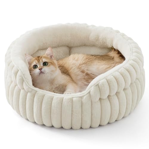Bedsure ComfyFleece™ Cat Bed, Washable Round Cute Pet Beds for Indoor Cats, Super Soft Corduroy Kitten Bed with Anti-Slip Bottom, 20''x20''x8'', Cream - color: Cream, size: 20''x20''x8''