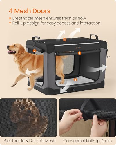 Feandrea Collapsible Dog Crate, 36-Inch Portable Dog Travel Crate for Large Dogs, Oxford Fabric Pet Carrier with 4 Mesh Doors, Handles, Storage Pocket, Water Bottle Holder, Ink Black UPDC019B01 - size: XL（36"L x 25"W x 25"H）