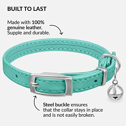CollarDirect Leather Cat Collar with Removable Bell – Safety Elastic Strap (Breakaway Alternative) – Kitten Collar for Small & Big Boy & Girl Cats - color: Mint Green, size: 8-11 Inch