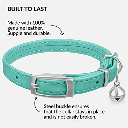 CollarDirect Leather Cat Collar with Removable Bell – Safety Elastic Strap (Breakaway Alternative) – Kitten Collar for Small & Big Boy & Girl Cats - color: Mint Green, size: 8-11 Inch