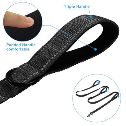 Jiozermi 10ft Dog Leash with 3 Handles, Heavy Duty Dog Lead with Padded Traffic Handle, Reflective Stitching Large Leash for Running Walking Training(Black) - color: Black