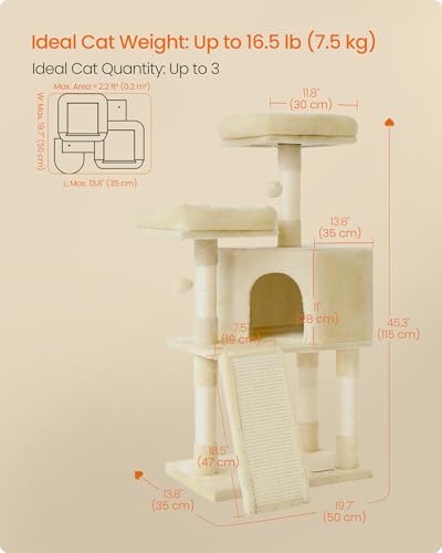 Feandrea Cat Tree, 45.3-Inch Cat Tower, Plush Condo with Scratching Post, Ramp, Perch, Spacious Cave, for Small Space, Beige UPCT141M01 - color: Beige