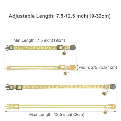 2 Pack Breakaway Cat Collars with Bells, Reflective Design and Claw Print Design, Safety Buckle Kitten Collars Adjustable from 7.5 to 12.5 Inches (Yellow) - color: Yellow