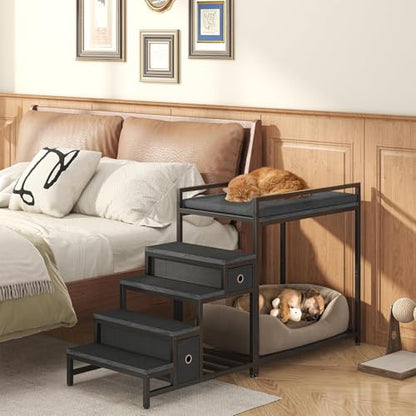 Saudism Pet Bunk Bed with Removable Stairs and 2 Drawers, Dogs/Cats Window Perch, Dog Window Seat with Soft Cushion, Ultra-Shallow Steps, Sturdy Metal Frame, Non-Slip, Load Capacity 60 LBS - color: Black