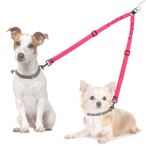 AUTOWT Double Dog Leash, No Tangle 360°Swivel Rotation Reflective Lead Attachment Adjustable Length Dual Two Dogs Lead Splitter, Comfortable Shock Absorbing Walking Training for 2 Dogs - color: Fluorescent Pink, size: Small（7-20lbs)