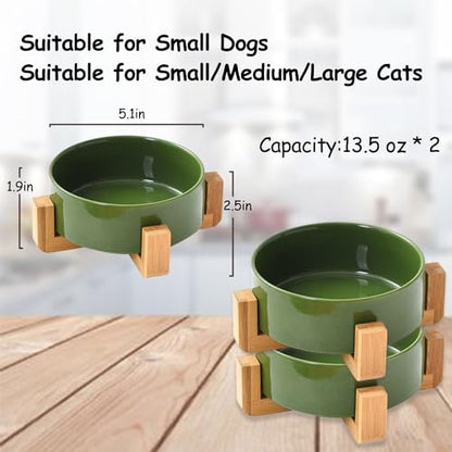 Petygooing Ceramic Cat Dog Bowl Set with Stand,Small Dog Bowls, Pet Food and Water Dish, Anti Slip Set of 2 Cat Bowls- Cute Modern Pet Food Bowl Small Size Dog (13.5OZ/5.1 in) Rust Green - color: Rust Green, size: Puppy/Small Size Dogs & Cat Bowls 400ML*2