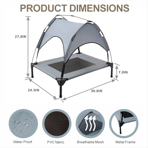 Outdoor Elevated Dog Bed with Canopy, Cooling Elevated Pet Cot with Removable Shade, Non-Slip Feet, Breathable Mesh for Small Dogs Camping