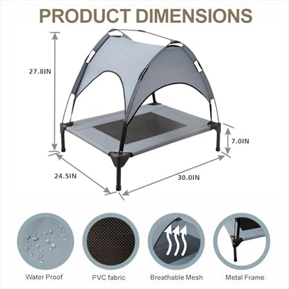 Outdoor Elevated Dog Bed with Canopy, Cooling Elevated Pet Cot with Removable Shade, Non-Slip Feet, Breathable Mesh for Small Dogs Camping