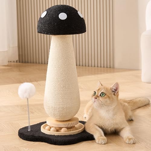 Mushroom Cat Scratching Post Cat Tree, 21.5‘’ H Cute Cat Scratcher Tower with Durable Solid Wood Turntable Toy, Solid Black Mushroom Scratch Post Cat Sisal Scratcher with Catnip for Indoor Cats - color: Black Mushroom