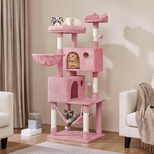 Yaheetech 64.5in Extra Large Cat Tree, Multi-Level Sturdy Tower with 2 Perches, 2 Condos, 5 Sisal Scratching Posts, Hammock Basket & Dangling Balls, Ideal for Large Kitty Multi-Cat Households, Pink - color: Pink, size: 64.5in
