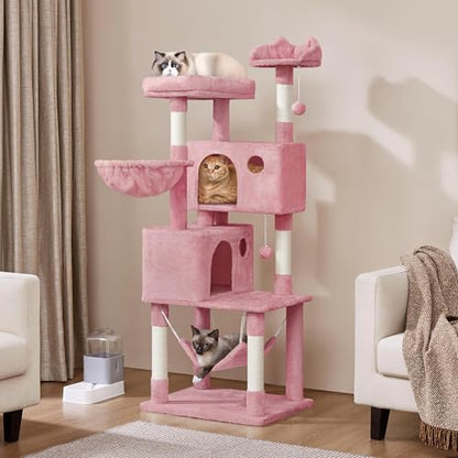 Yaheetech 64.5in Extra Large Cat Tree, Multi-Level Sturdy Tower with 2 Perches, 2 Condos, 5 Sisal Scratching Posts, Hammock Basket & Dangling Balls, Ideal for Large Kitty Multi-Cat Households, Pink - color: Pink, size: 64.5in