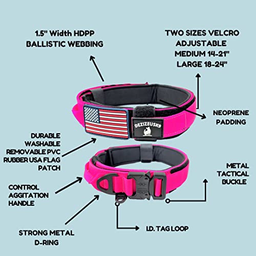 Tactical Dog Collar with Handle, American Flag Patch, 1.5 Inch Wide Thick Heavy Duty Nylon, Quick Release Metal Buckle, Customizable Name Plate, Ideal Dog Collars for Medium to Large Breeds K9 Harness - color: PINK 18-24 inch, size: adjustable 18-24 inche