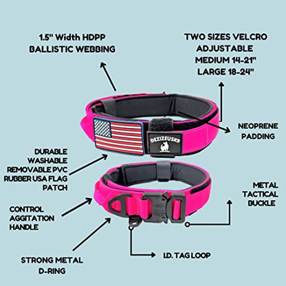 Tactical Dog Collar with Handle, American Flag Patch, 1.5 Inch Wide Thick Heavy Duty Nylon, Quick Release Metal Buckle, Customizable Name Plate, Ideal Dog Collars for Medium to Large Breeds K9 Harness - color: PINK 18-24 inch, size: adjustable 18-24 inche