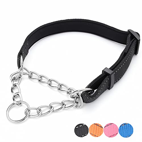 Martingale Dog Collars Adjustable Soft Nylon Reflective Collars with Stainless Steel Chain Walking Training Collars Heavy-Duty Puppy Chain Collars for Small,Medium,Large Dogs(Black,S) - color: Black, size: S-(dog's neck10-15inches)