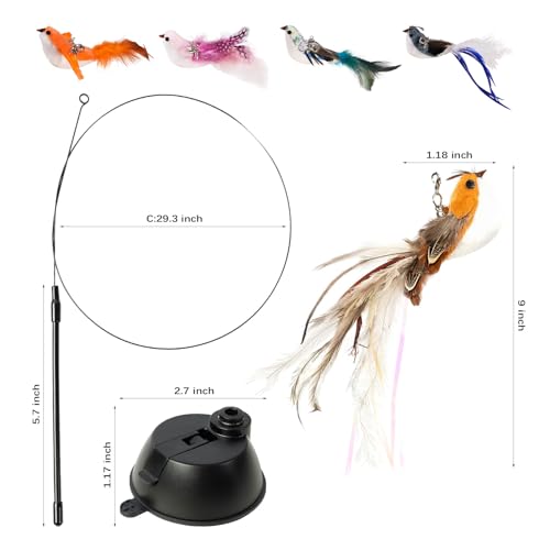 Cat Wand Toys, Interactive Bird Simulation Cat Toy for Indoor Cats,Teaser Wand Self-Holding Suction Cups Base with 5pcs Detachable Replacements Feathers Toys - color: 5PCS Birds