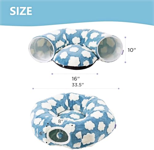 Cat Tunnel Bed with Washable Cushion for Indoor Cat, Donut Cave Tube Toys for Kitten Puppy Rabbit, Blue