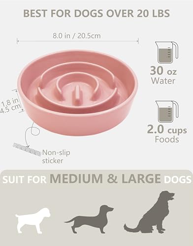 Ceramic Slow Feeder Dog Bowls, 2.0 Cups Slow Feeder for Medium Dogs, Puzzle Maze Bowl to Slow Down Eating, 30oz, 8in, Pink - color: Pink, size: 8 Inches