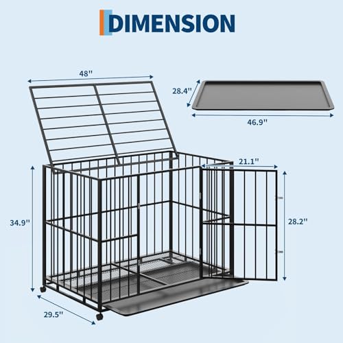 48 Inch Dog Crate for Large Sized Dogs, Heavy Duty Stainless Steel Indoor Kennel Escape Proof with Wheels and Removable Tray, Extra Large XL XXL Indestructible Dog Cage Stackable for High Anxiety Dogs - size: 48 inch