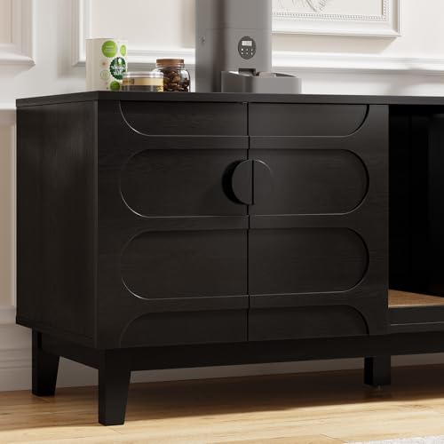 ONBRILL 59 Inches Cat Litter Box Enclosure for 2 Cats, Hidden Litter Boxes Furniture w/Cat Scratch Pad, Modern Large Pet House with Double Room, Wooden TV Stand for Living Room, Black